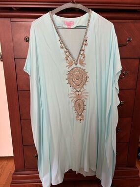 Lilly Pulitzer Light Aqua Beaded V-Neck Caftan